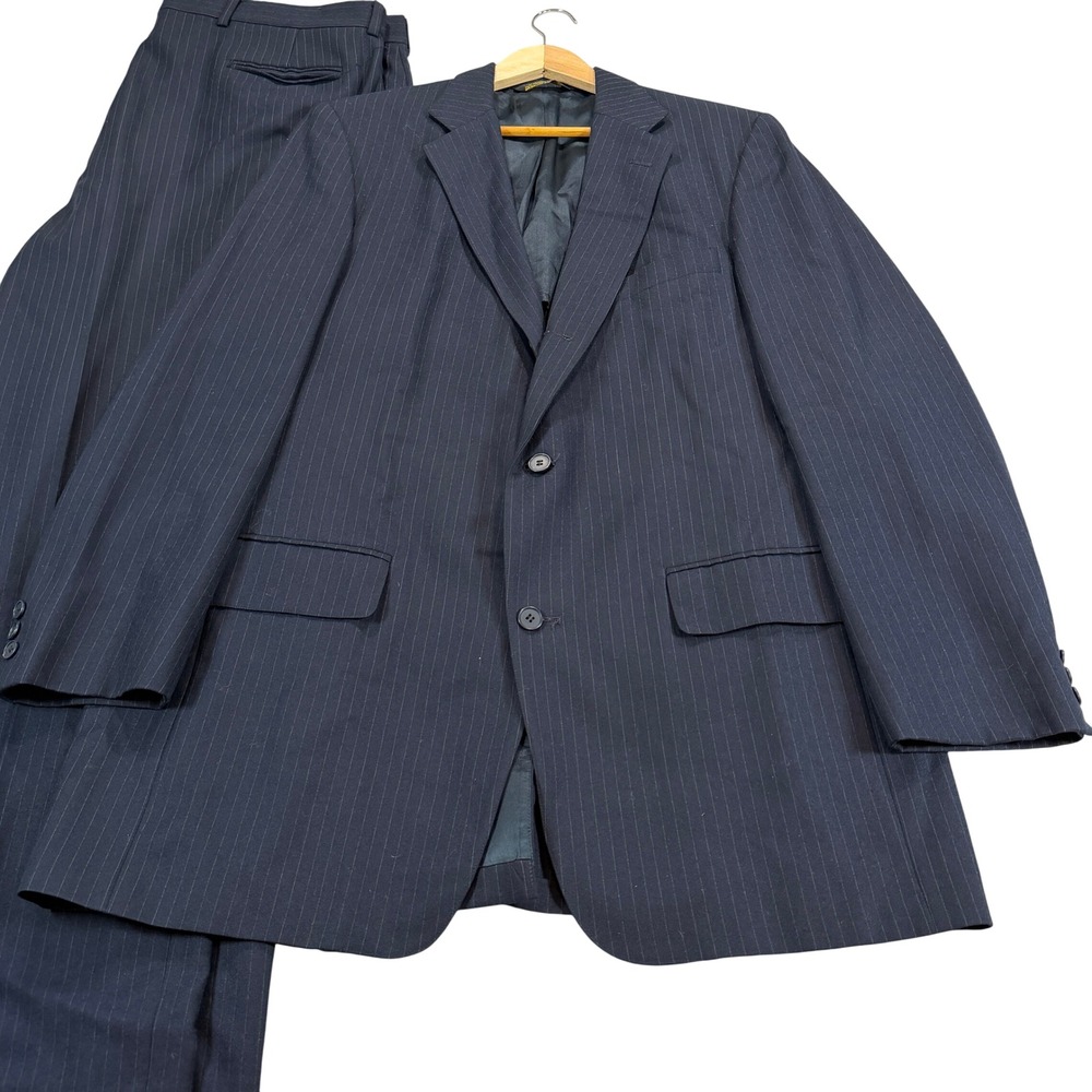 Vintage J Press Mens 44L Navy Blue Pinstripe Wool 2.5 Button Suit USA 40x34 Pant